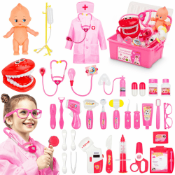 Fivejoy Arztkoffer Kinder ab 3 Jahre, Doktorspiele Rollenspiel Spielzeug Set, Zahnarzt Doktorkoffer Kinderspielzeug Geschenk ab 2 3 4 5 Jahre Junge Mädchen Rosa