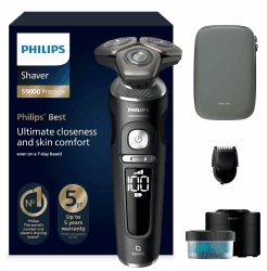 Philips Rasierer S9000 Prestige - Elektrischer Nass- und Trockenrasierer, Schwarz matt, Lift & Cut-Rasiersystem, SkinIQ-Technologie, Bartstyler, Reinigungsstation & Premium-Etui (Modell SP9840/31)