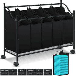 KESSER® Wäschekorb Wäschesammler Wäschesortierer mit 5 abnehmbaren Stofftaschen | 5 Fächer x 35 Liter | Wäschebox mit 12 Waschhinweisen 360° Rollen mit Bremse Wäsche-Sortiersystem Wäschewagen Schwarz 5 Fächer Schwarz