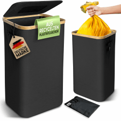 Glückstoff® Gelber Sack Ständer [inkl. waschbarer Innentasche] Müllsackständer für Gelber Sack | Mülleimer mit Deckel | Mülleimer Küche | Gelber Sack Behälter | Müllsystem 100L - Schwarz
