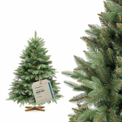 FAIRYTREES Weihnachtsbaum künstlich, Nordmanntanne Premium 120 cm, Naturgetreue Spritzguss Elemente, Made in EU, Künstlicher Weihnachtsbaum mit handgefertigtem Ständer aus Eschenholz 120 cm Nordmanntanne Premium