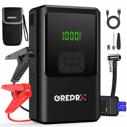 GREPRO 5-in-1 Starthilfe Powerbank mit Kompressor, (bis zu 10.0L Benzin,8.0L Diesel) 150PSI Auto Starthilfe Powerbank für 12V Jump Starter, 3000A Starthilfe mit Digitale Anzeige und LED Taschenlampe 3000A-mit Kompressor