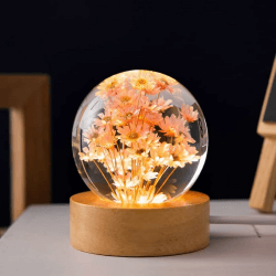 MARZIUS Blumen-Kristallkugel-Nachtlicht, 6 cm Glaskugel-Nachtlampe mit Holzsockel, Dekorationen, Geschenke für Männer, Frauen, Kinder, Jungen, Mädchen, Teenager (rote Gänseblümchen) Rot, Rote Gã¤nseblã¼mchen