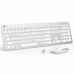 Tastatur Maus Set Kabellos, iClever Wiederaufladbare Funktastatur, Deutsch QWERTZ Layout, 2.4 GHz Funk Tastatur Mouse für PC/Laptop/Smart TV, Weiß und Silber silver