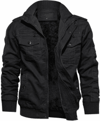 TACVASEN Herren Fleecejacke Warme Jacke Winter Thermojacke Gefüttert Übergangsjacke Militär Feldjacke Cargojacke mit Taschen L Schwarz