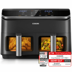 COSORI Heißluftfritteuse 2 Kammern Airfryer, 8-in-1 Dual Zone Air Fryer XXL 8,5 L, Heissluftfritteuse Doppelkammer mit Sichtfenster für ausgewogene Mahlzeit, 50 Rezepte, energiesparend, 1-5 Personen 8.5L Silberschwarz