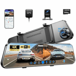 AZDOME PG17 4K 12" Spiegel Dashcam Auto, WiFi Rückspiegelkamera mit wasserdichter 1080P-Rückkamera, 64GB Karte enthalten, WDR-Nachtsicht, GPS, Sprachsteuerung, Fahrassistent