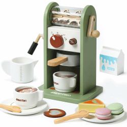 Smartwo Kaffeemaschine Kinder Holz, Kinderküche Kaffeemaschine mit Mühle, Spielküche Zubehör, Espressomaschine Holzspielzeug Set, Küchenzubehör Rollenspiele, Geschenk Mädchen ab 3 Jahre, Grün Kaffeemaschine Set