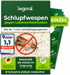 Legona® Schlupfwespen gegen Lebensmittelmotten | 12 Karten à 1 Lieferung | Effektive Bekämpfung von Lebensmittel Motten | Alternativer Mottenschutz zu Mottenfalle Lebensmittel, Mottenspray 12x Karte à 1 Lieferung