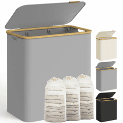 SONGMICS Pfandflaschen Sammelbehälter，Wäschekorb mit Deckel, Wäschesammler mit 3 Fächern, 150 L, herausnehmbarer Wäschesack, Griffe aus Bambus, 60 x 38,5 x 70,5 cm, taubengrau LCB515G01 Taubengrau 150 L