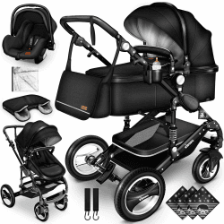 KIDUKU® 3 in 1 Kinderwagen XXL Komplettset | Kombikinderwagen Set inkl. Babywanne Buggy Sportsitz & Auto-Babyschale Fußsack | Vollgummireifen Wickeltasche Handwärmer Regenschutz Kindertisch ECE R129 Schwarz / Schwarz
