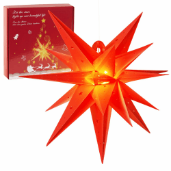 SUNBEAUTY Weihnachtsstern Beleuchtet Batterie mit Timer, 58CM Hängend Weihnachtsdeko Aussen Led Stern, 3D Leuchtstern, Rot Weihnachtsstern für innen und außen Rot 58cm