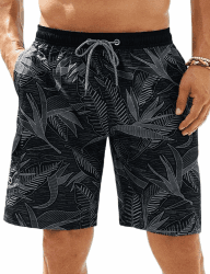 APTRO Herren Badehose Lang Badeshorts Schnelltrocknend Boardshorts Freizeit Short mit Innenslip L Blatt Schwarz Mk370