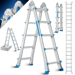 MASKO® Aluleiter Mehrzweckleiter 5,10m 4x5 Sprossen Teleskopleiter ✓ Multifunktionsleiter ✓ Aluleiter ✓ Klappleiter ✓ Anlegeleiter ✓ Bockleiter ✓ Schiebeleiter ✓ beidseitige Steh und Treppenleiter 5.10m / 4x5 Sprossen Silber/Blau