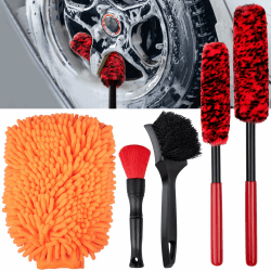 Preciva Auto Reinigungsset, 5tlg. Auto Reinigungsbürsten Set für Auto Reinigung Innenraum und Außen inkl. Felgenbürste Reifenbürste Innenreinigung-Weiche-Bürste Auto-Waschhandschuh