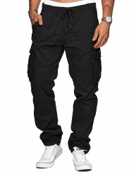 TARAINYA Herren Cargohose Baumwolle Baggy mit 6 Taschen Hosen Herren Kordelzug Outdoorhose Stretch Chino Männer Modern S-3XL A Schwarz S