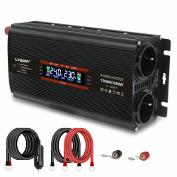 LVYUAN Spannungswandler 24V 230V 1500W/ 3000W Wechselrichter Stromwandler mit LCD Bildschirm, 2 EU Steckdose, Lüfter und 5V USB Anschlüsse inkl Kfz Zigarettenanzünder Stecker, Schwarz 24VM1500WLCD-B