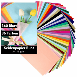 360 Blatt Seidenpapier Bunt, 36 Farben Seidenpapier A4 Tissue Paper Seidenpapier zum Verpacken 16 g/m² Geschenkpapier für Hochzeit Deko Weihnachten Verpackung DIY Strauß