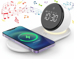 AUYLE Wecker Digital, Bluetooth Lautsprecher mit Nachttischlampe Touch Dimmbar und Wireless Charger 15W, White Noise Machine Baby, Geburtstagsgeschenk Frauen, männer und Kinder Silbrig-01