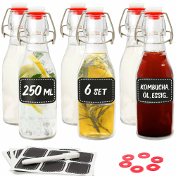 Praknu 6er Set Glasflaschen 250ml mit Bügelverschluss - Bügelflaschen Zum Befüllen - inkl. 6 Extra Dichtungen & 12 Etiketten mit Stift - Glasflaschen für Öl, Essig, Saft & Limonade 6x 250ml
