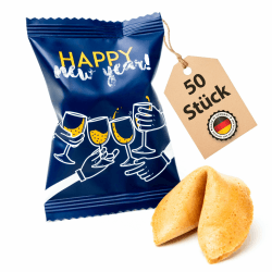 Lucky Treats Silvester Glückskekse 2024-50 Stück - Salted Caramel Geschmack - Gastgeschenke Silvester - Sprüche auf Deutsch & Englisch - Vegan - Made in Germany 50 Stück Silvester