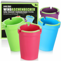 com-four® 4X Aschenbecher für draußen - Windaschenbecher - Sturmaschenbecher mit leuchtendem Deckel - Autoaschenbecher, Ø 8 cm (4 Stück - lila rot blau grün)