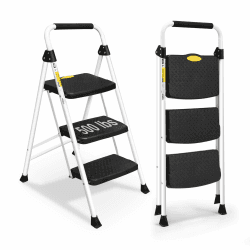 HBTower Leiter 3 Stufen, Klappstufen mit Breitem Anti-Rutsch-Pedal, Stabiler Praktischer Handgriff, Leichter Tragbarer Stahl-Tritthocker, Weiß 3-Stufen-Weiß