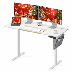 SONGMICS Höhenverstellbarer Schreibtisch elektrisch, 60 x 140 x (72-120) cm, stufenlos verstellbar, gespleißte Platte, Memory-Funktion mit 4 Höhen, basisweiß-beige LSD016W01 60T x 140B x (72-120)H cm Basisweiß + Beige