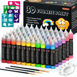 Shuttle Art 3D Textilfarbe waschmaschinenfest, 66 Stoffmalfarben waschfest mit Pinseln, Vorlagen, 3D Textilfarben mit Metallic-, Neon- und Glitzerfarben, Stofffarben waschfest Kinder für Tshirt, Jeans 66 Farben