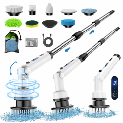 ETENTOUS Elektrische Reinigungsbürste, Electric Cleaning Brush mit 8 Ersatzbürstenköpfe Electric Spin Scrubber 3 Modi Power Scrubber mit 37-140cm Verstellbarem Griff für Bad Küche Auto Fußboden