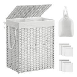 SONGMICS Wäschekorb mit Deckel, Wäschesammler 90 Liter, 2 Fächer, herausnehmbarer Wäschesack mit Griffen, handgeflochten, für Schlafzimmer, Badezimmer, 33 x 46 x 60 cm, weiß LCB251W01V1 Weiß 90 Liter
