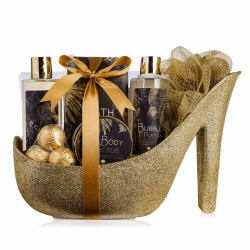 accentra Luxury Badeset Geschenkset in wunderschönem goldenem Glitzer Pumps, 9-teiliges Luxus Beautyset Pflegeset Duschset – für ein entspanntes SPA Erlebnis Single