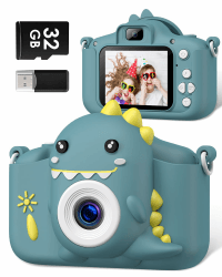 Kinderkamera, Gofunly Kinder Kamera 1080P 2,0-Zoll-Bildschirm Fotoapparat Kinder mit 32GB-Karte Selfie Digitalkamera Kinder Fotokamera Kinder für 3-12 Jahre Jungen und Mädchen Weihnachten Spielzeug Dunkelgrün Dinosaurier