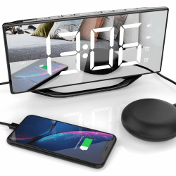 Lauter Wecker mit Bettshaker für Schwere Schläfer, Digital Doppelwecker mit Vibration, 8.7'' LED Spiegelwecker für Kinder, Jugendliche, 7 Lautstärke und Dimmer, Batterie-Backup, Schlummer, 12/24H-DST Mit Vibration Schwarz+weiß