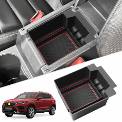 SKTU Mittelkonsole Organizer kompatibel mit SEAT Ateca 2016-2024 Handschuhfach Armlehne Ablagefach Aufbewahrungsbox (Rot)
