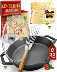 KRUSTENZAUBER Gusseisenpfanne Induktion 32cm Doppelgriff - inkl. Deckel und Pfannenwender - Geschliffene Pfanne Gusseisen, Eisenpfanne, Cast Iron Pan, Gusspfanne, Gusseiserne Pfanne, Gusseisen-Pfanne 32cm Geschliffene Pfanne + Deckel + Wender