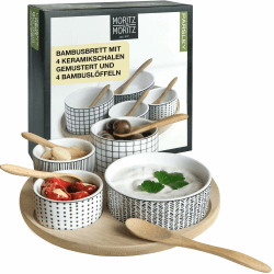 Moritz & Moritz 4x Weiße Dipschalen Set mit Brett Holz - Dip Schälchen für Snacks - Snack Schalen Set Keramik - Dip Schalen Set - Kleine Schüsseln als Saucenschälchen, Snackschalen, Dessertschalen Rund Weiß