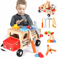 Werkzeugkoffer Kinder Werkbank, Holzspielzeug Kinderwerkzeug ab 2 3 4 Jahre Montessori Spielzeug Werkzeugkasten Lernspiele Werkzeug Koffer Kinder Werkzeugwagen Geschenk Junge Mädchen 2 3 4 Jahre LKW