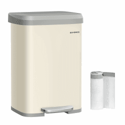 SONGMICS Mülleimer Küche, 50 Liter Abfalleimer, Tretmülleimer aus Metall, mit Deckel, hoch, schmal und geräumig, sandbeige-taubengrau LTB530A02 Sandbeige + Taubengrau 50 L