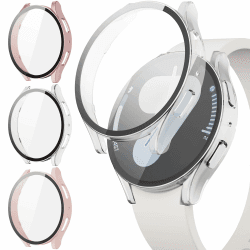 JYQ 3-Stück Schutzhülle mit Displayschutzfolie Kompatibel mit Samsung Galaxy Watch 7 40mm, Rundum Ultradünne Hard Gehäuse Eingebaut Kratzfest Gehärtetes Glas Schutzfolie für Samsung Watch 7 40mm Roségold/Klar/Rosa 40MM für Galaxy Watch 7