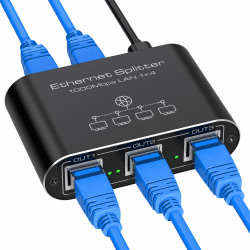 VEDINDUST LAN Splitter 1 Auf 4 1000Mbps Aluminium LAN Switch Netzwerk Switch LAN Verteiler Gigabit Ethernet Switch für Computer, Hubs, Switches, Router, Set-Top Box(Mit USB-C Netzkabel) LAN Splitter 1 à 4
