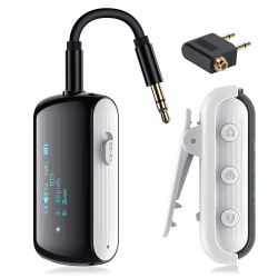 YOCOWOCO Bluetooth 5.2 Adapter für Flugzeug bis zu 2 Airpods/Kopfhörer, Audio Bluetooth Transmitter Klinke 3,5 für TVs und Fitnessstudios, Wireless Empfänger Splitter für Lautsprecher und Auto mit Mic White