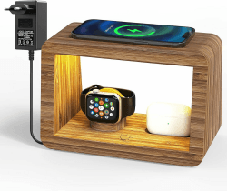 Kabellose Ladestation, Alltripal Schreibtischlampe 15 W, schnelles kabelloses Ladegerät, Nachtlicht mit 3 Farben und Einstellbarer Helligkeit, Ladestation für iPhone/AirPods Pro/iWatch Bambus mit LED