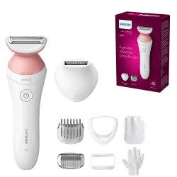 PHILIPS Lady Shaver Series 6000, Kabelloser Rasierer mit 6 Zubehörteilen Körperpeeling-Handschuh, Trimmer für die Bikinizone (Modell BRL146/00), Weiß/Rosa BRL146/00 inkl. 6 Zubehörteilen