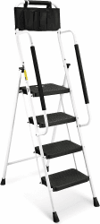 HBTower Leiter 4 Stufen, Trittleiter mit Handläufen, klappbarer Tritthocker mit ansteckbarer Werkzeugtasche & breitem Anti-Rutsch-Pedal, Leichter 150 kg tragbarer Tritthocker, weiß 4-Stufen mit Handlauf