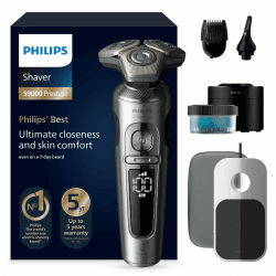 Philips Rasierer S9000 Prestige - Elektrischer Nass- und Trockenrasierer, glänzendes Chrom, Lift & Cut-Rasiersystem, SkinIQ-Technologie, Bartstyler, Reinigungsstation & Qi-Ladepad (Modell SP9885/35)