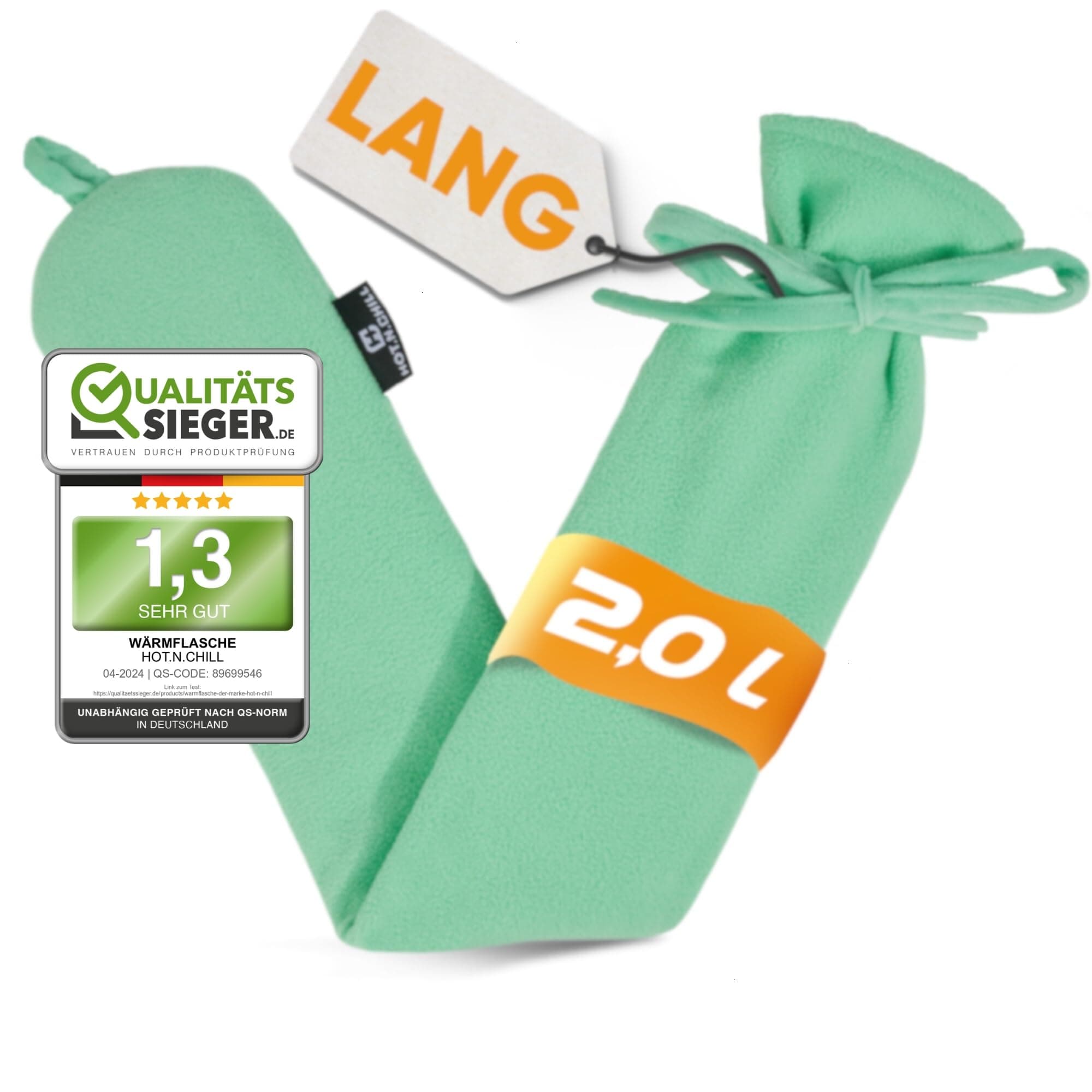 HOT.N.CHILL® Premium Wärmflasche lang I 2.0L I Weich & kuschelig I 72cm lange Wärmflasche zum Umhängen & Zubinden als Schulter- & Nackenwärmflasche I Long Hot Water Bottle I Auslaufsicher & getestet Grün (2.0l Lang) 2.0L lang