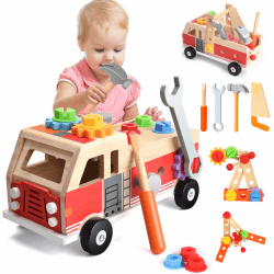 Nauotk Werkzeugkoffer Kinder Werkbank, Montessori Werkzeug Holzspielzeug ab 2 3 4 Jahre, Kinderwerkzeug Spielzeug Werkzeugwagen, Werkzeuggürtel Koffer Lernspiele Geschenk Junge Mädchen ab 3 Jahren Feuerwehrauto