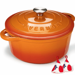 Overmont Bräter emaille Gusseisen Topf - Schmortopf 24cm backofengeeignet - mit Deckel und Kochbuch - für Küche Backen Schmoren Braten Orange 24CM Orange