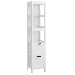 VASAGLE Hochschrank, Aufbewahrungsschrank auf Füßen, schmale Säule, mit 2 Schubladen und 3 offenen Fächern, 30 x 30 x 141,5 cm, für Badezimmer, Wohnzimmer, Küche, weiß, BBC66WT 30 x 30 x 141,5 cm (L x l x H) Weiß